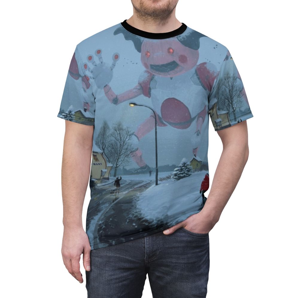 Mecha robot figure standing in a snowy, post-apocalyptic landscape on an all-over print t-shirt - men front