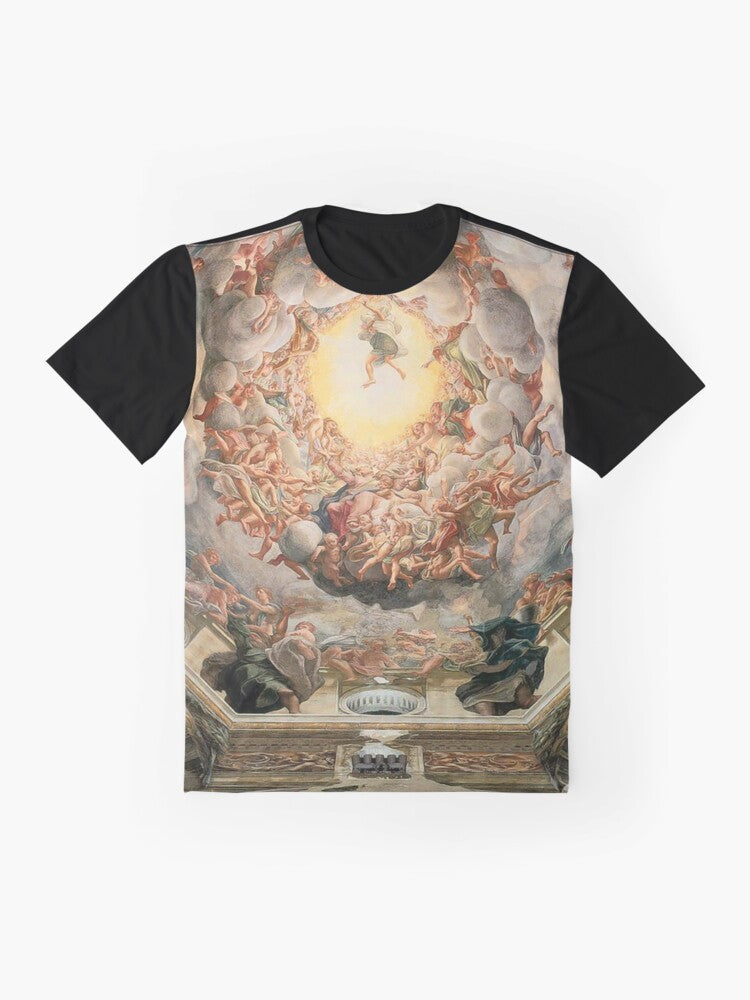 Graphic t-shirt featuring Michelangelo's iconic Sistine Chapel ceiling artwork. - Flat lay