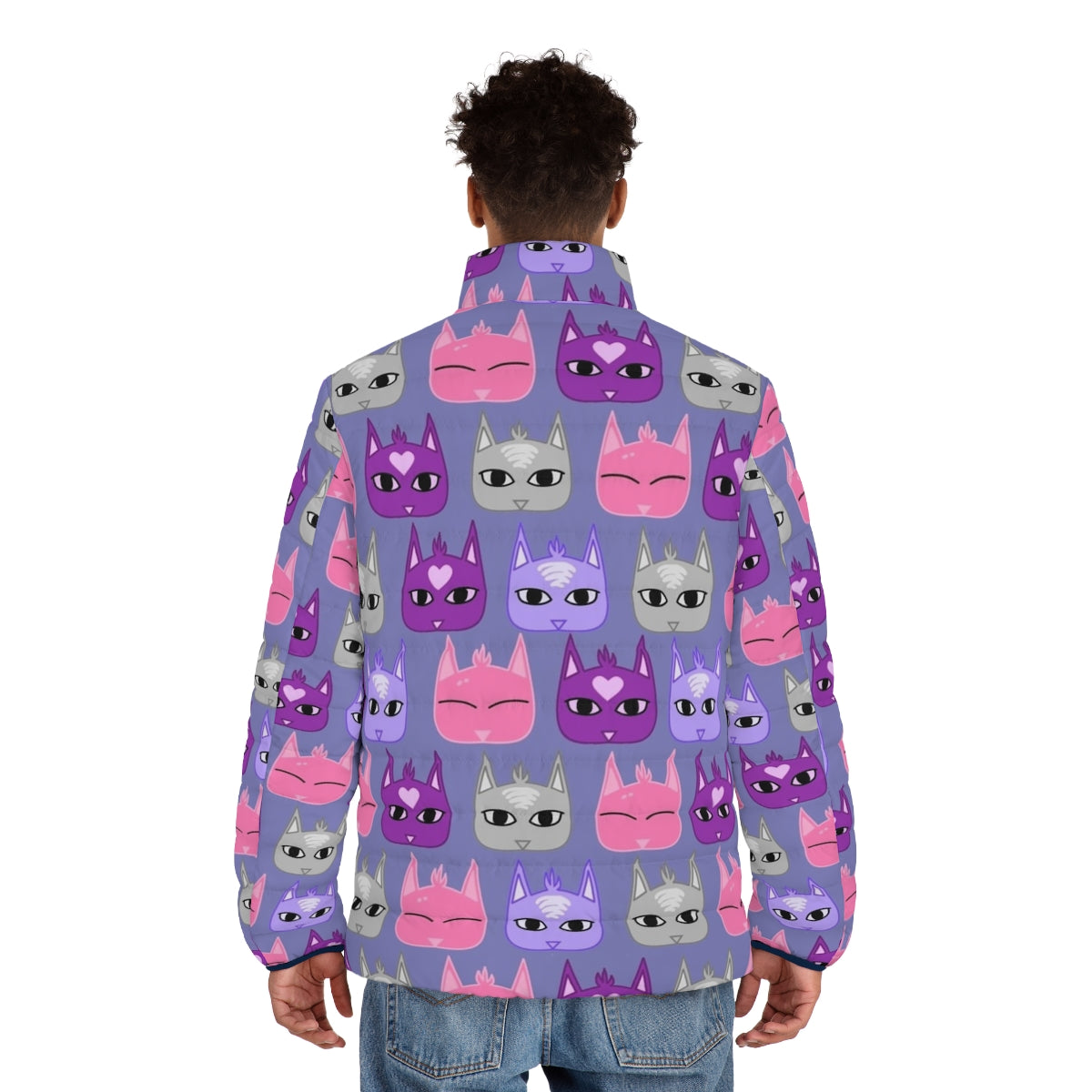 Colorful cats puffer jacket featuring the Dream Daddy Dadsona character - men back