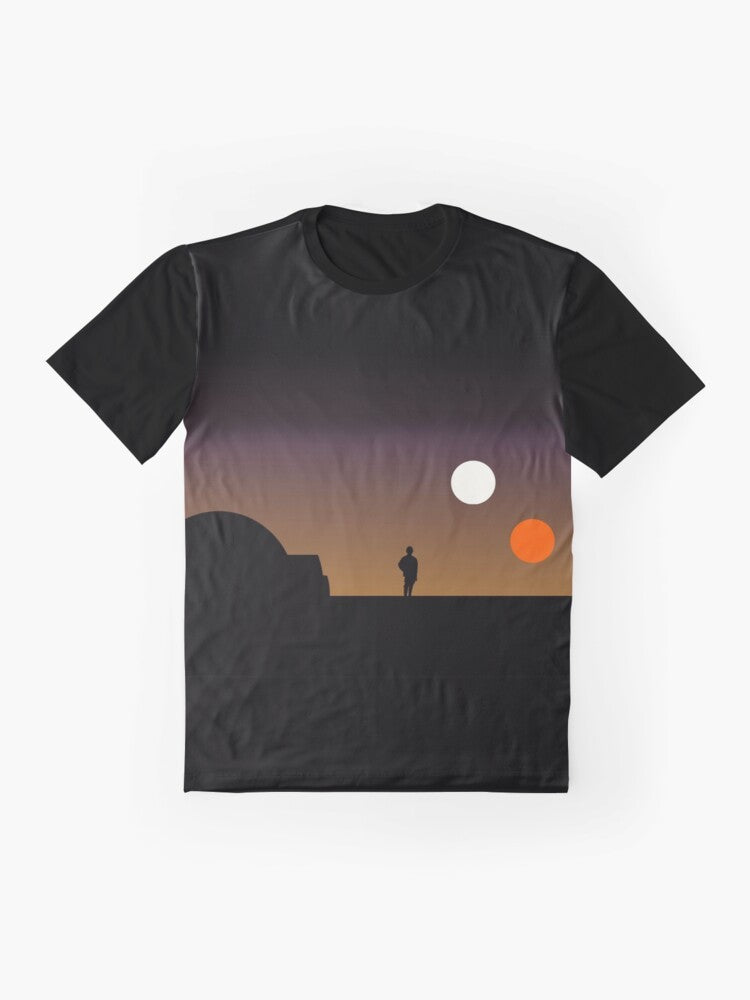 A graphic t-shirt featuring the double sunset of Tatooine from the Star Wars universe. - Flat lay