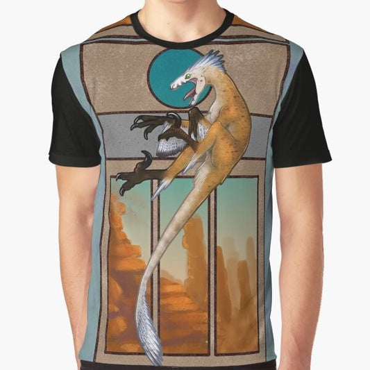 Velociraptor dinosaur illustration on a graphic t-shirt