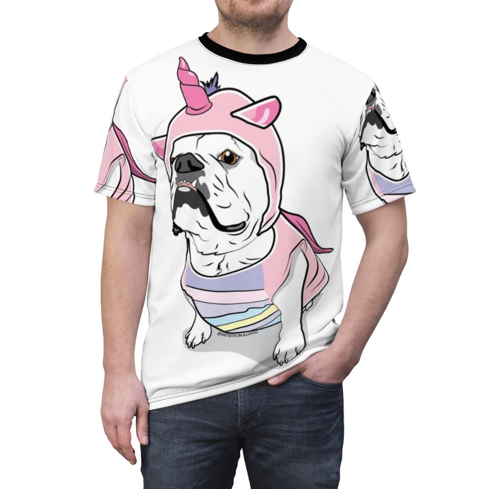 A t-shirt featuring a bulldog unicorn digital illustration - men front