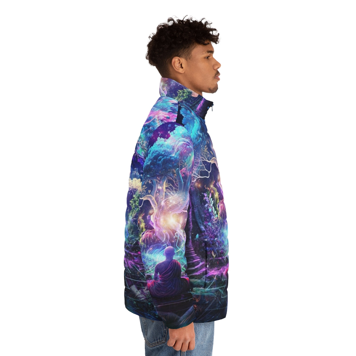 Midnight Garden Puffer Jacket featuring cosmic and spiritual design elements - men side right