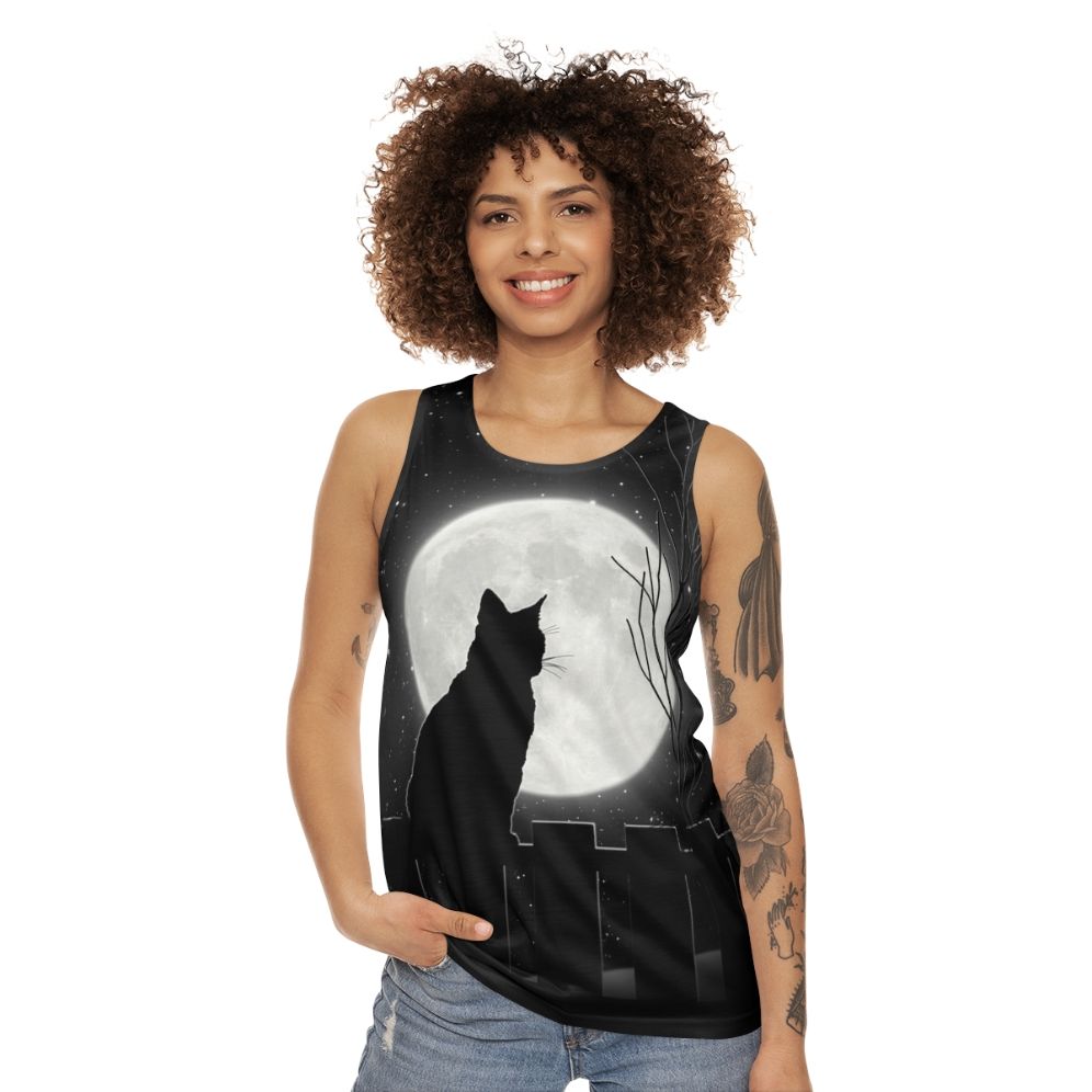 Enchanting cat under the bright moon on a unisex tank top - women