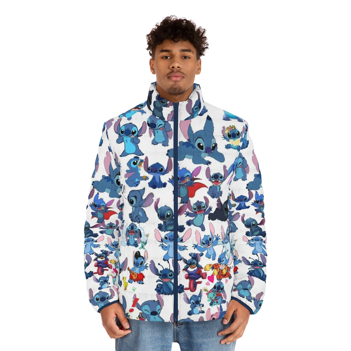 Stitch puffer jacket, blue puffer jacket with Stitch character design - men front