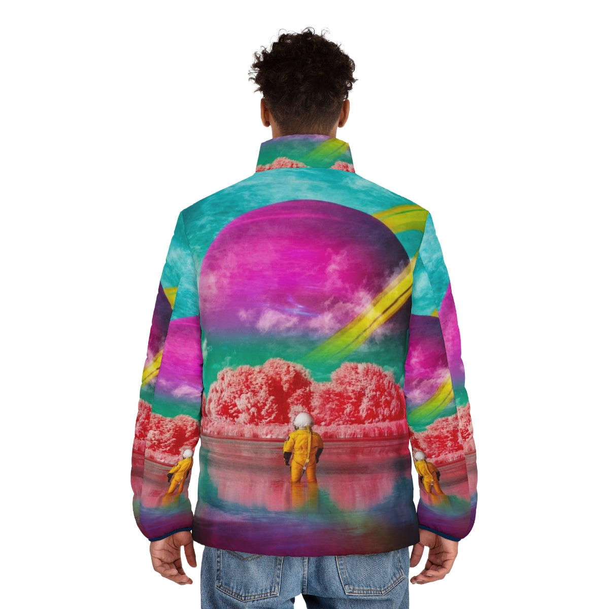 Surreal puffer jacket with digital art collage featuring an astronaut and a river - men back