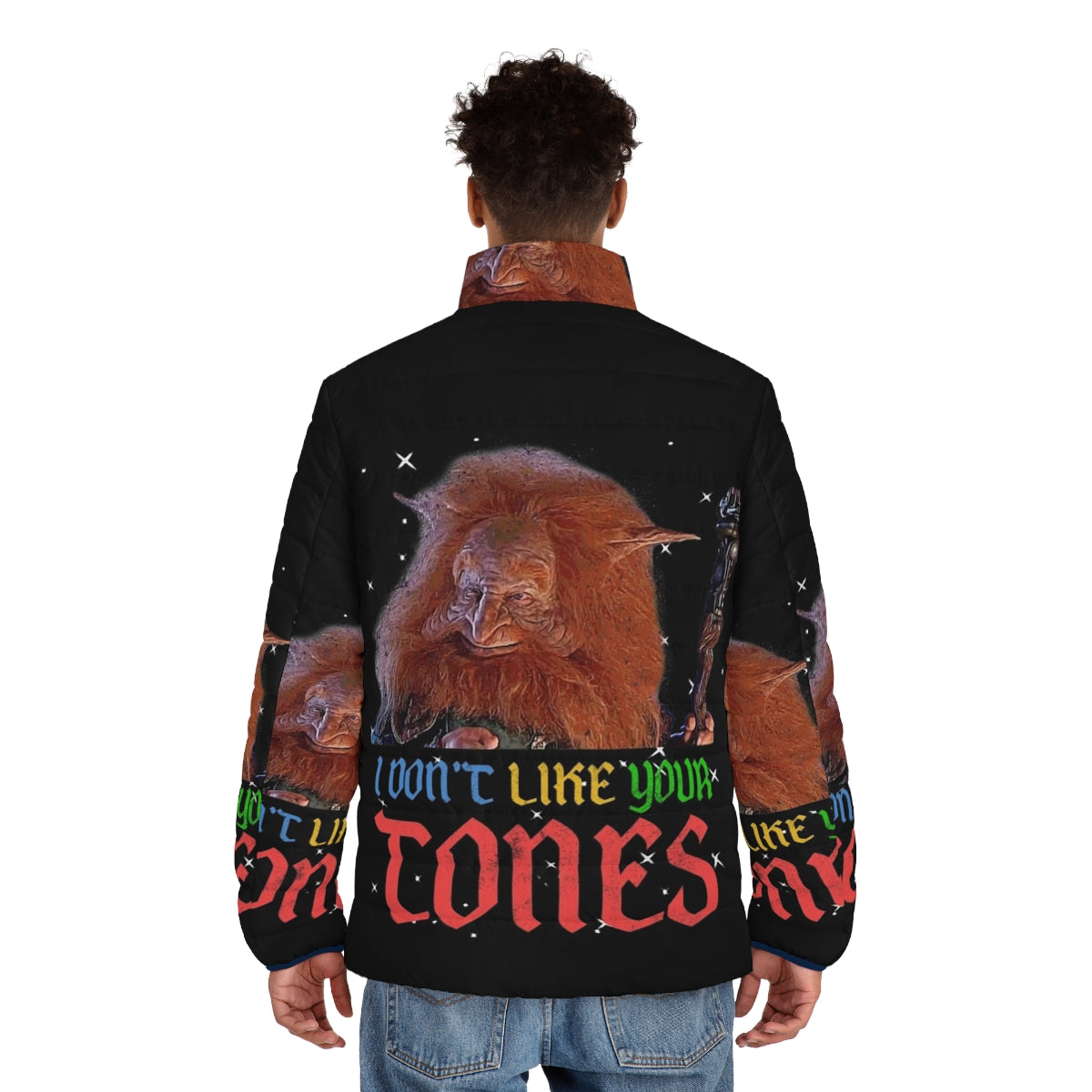 Vibrant 80s "I Don't Like Your Tone" puffer jacket inspired by Masters of the Universe - men back