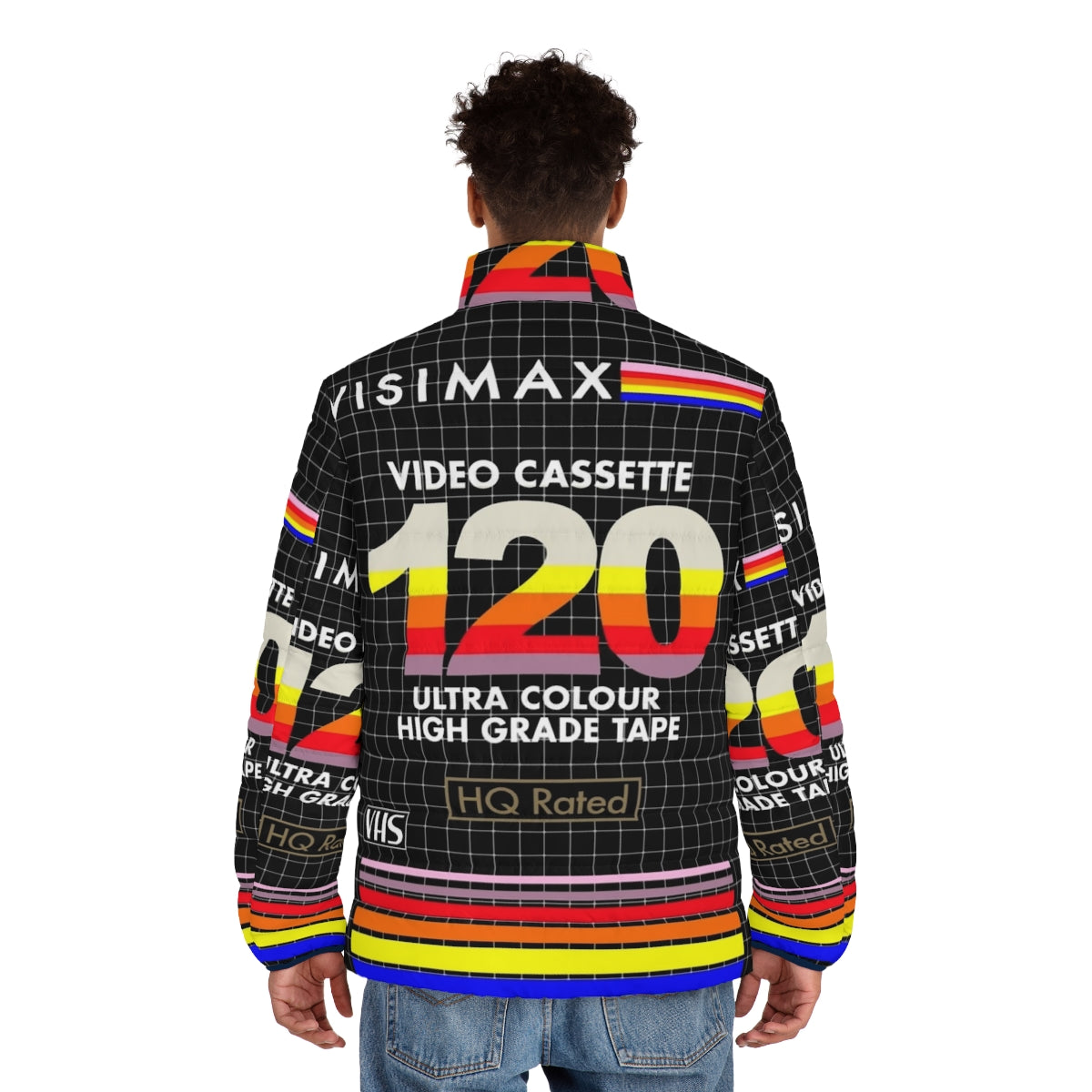 Retro VHS puffer jacket with vintage video cassette design - men back