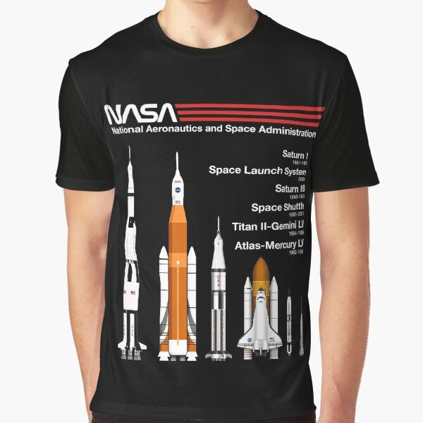 NASA rockets including Saturn V, SLS, Saturn IB, Space Shuttle, Titan, and Atlas in a lineup graphic design for a t-shirt.