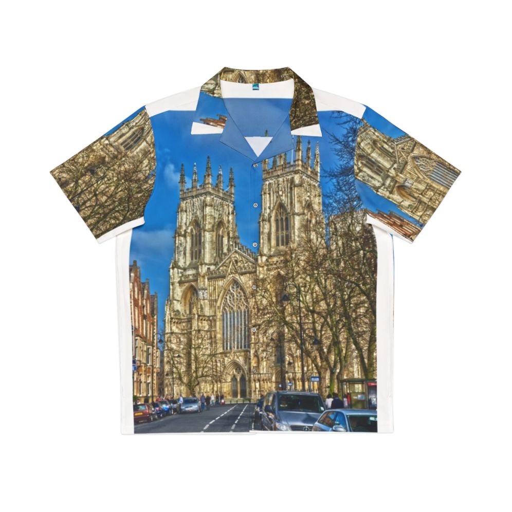 York Minster in England captured in a breathtaking HDR photograph, showcased on a vibrant Hawaiian shirt