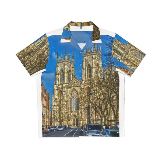 York Minster in England captured in a breathtaking HDR photograph, showcased on a vibrant Hawaiian shirt