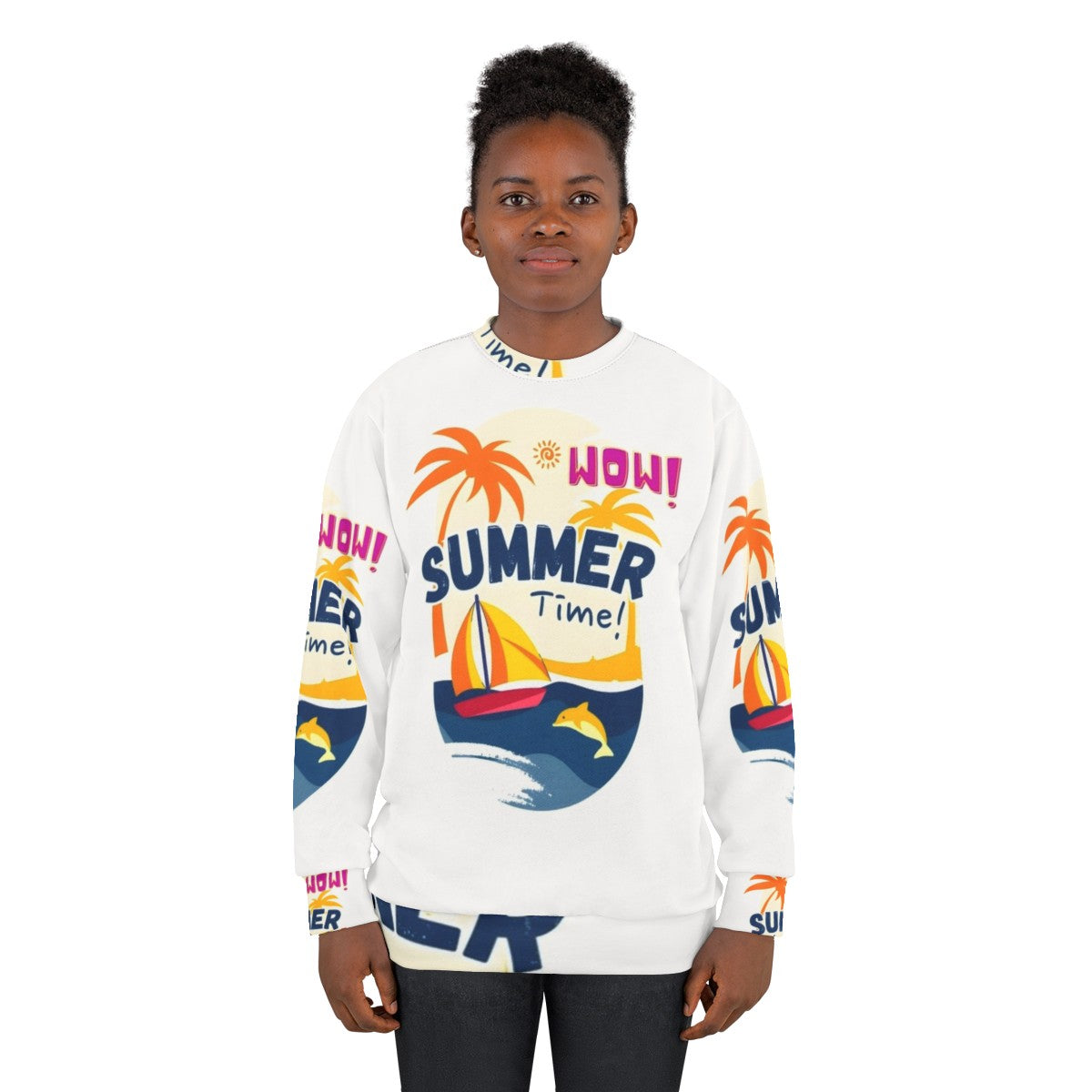 Wow Summer Time Casual Sweatshirt with Trendy Graphic Design - women