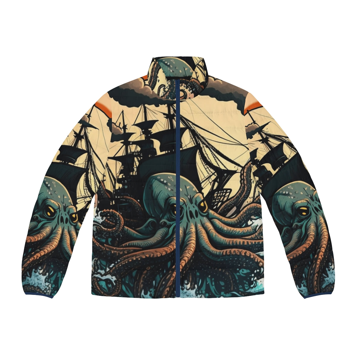 Mythical sea creature puffer jacket featuring legendary beasts and fantasy ocean creatures