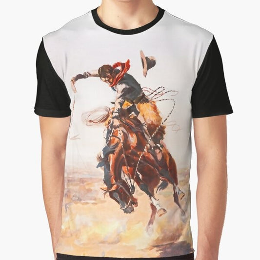 Wild West graphic t-shirt featuring a retro bronco design, perfect for cowboys and cowgirls.