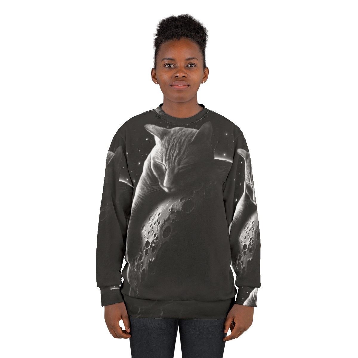 Mooncat Sweatshirt featuring a cat in a space suit against a starry night sky - women