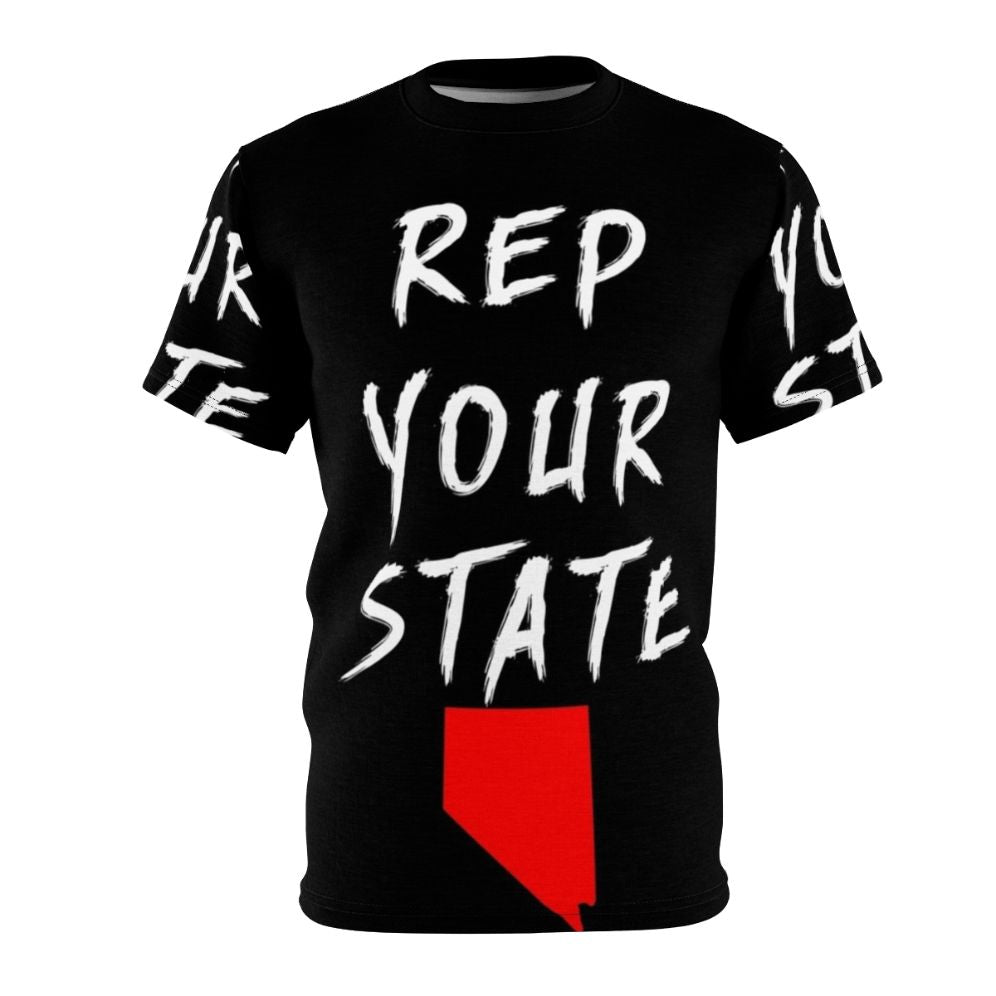 Vibrant all-over print t-shirt featuring the state of Nevada design