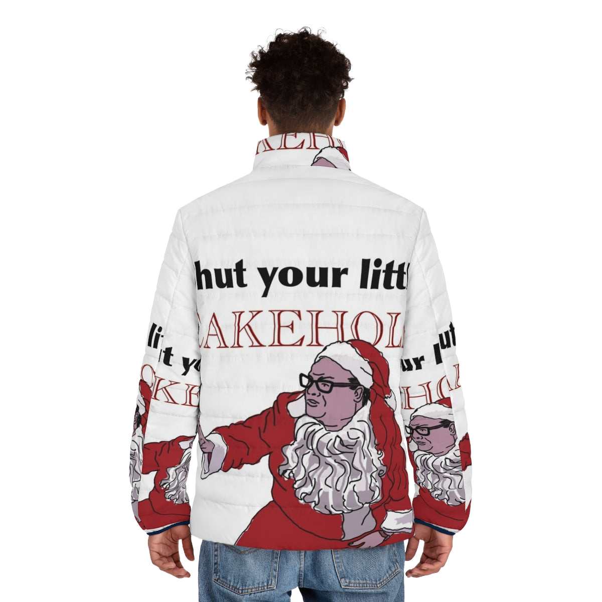 Matt Foley puffer jacket with "Shut Your Little Cakehole" design - men back