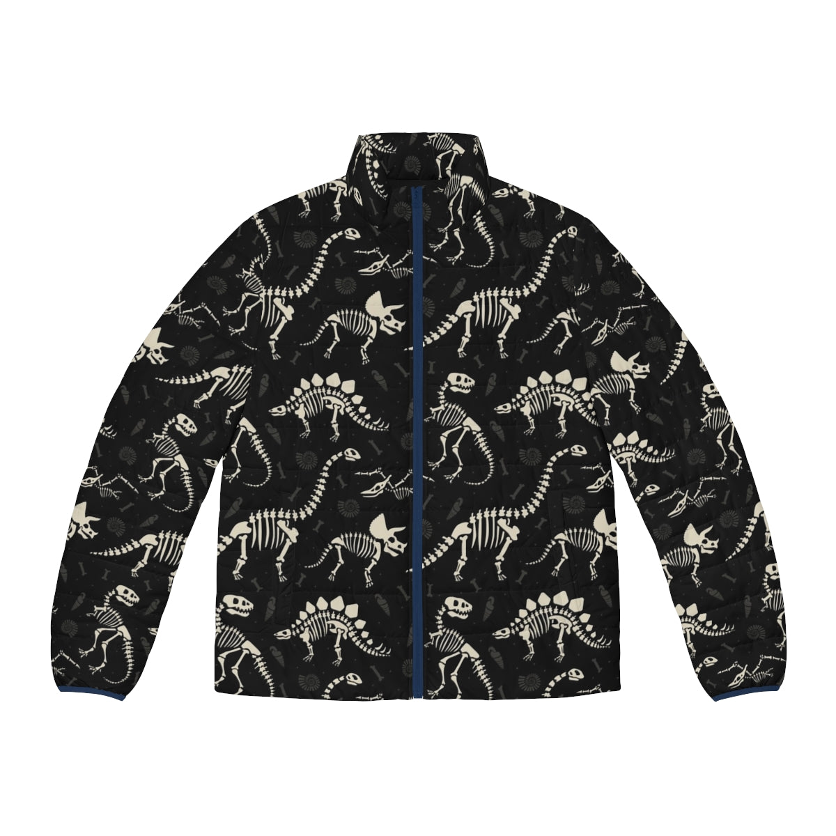 Black puffer jacket with a dinosaur fossil pattern design