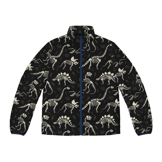 Black puffer jacket with a dinosaur fossil pattern design