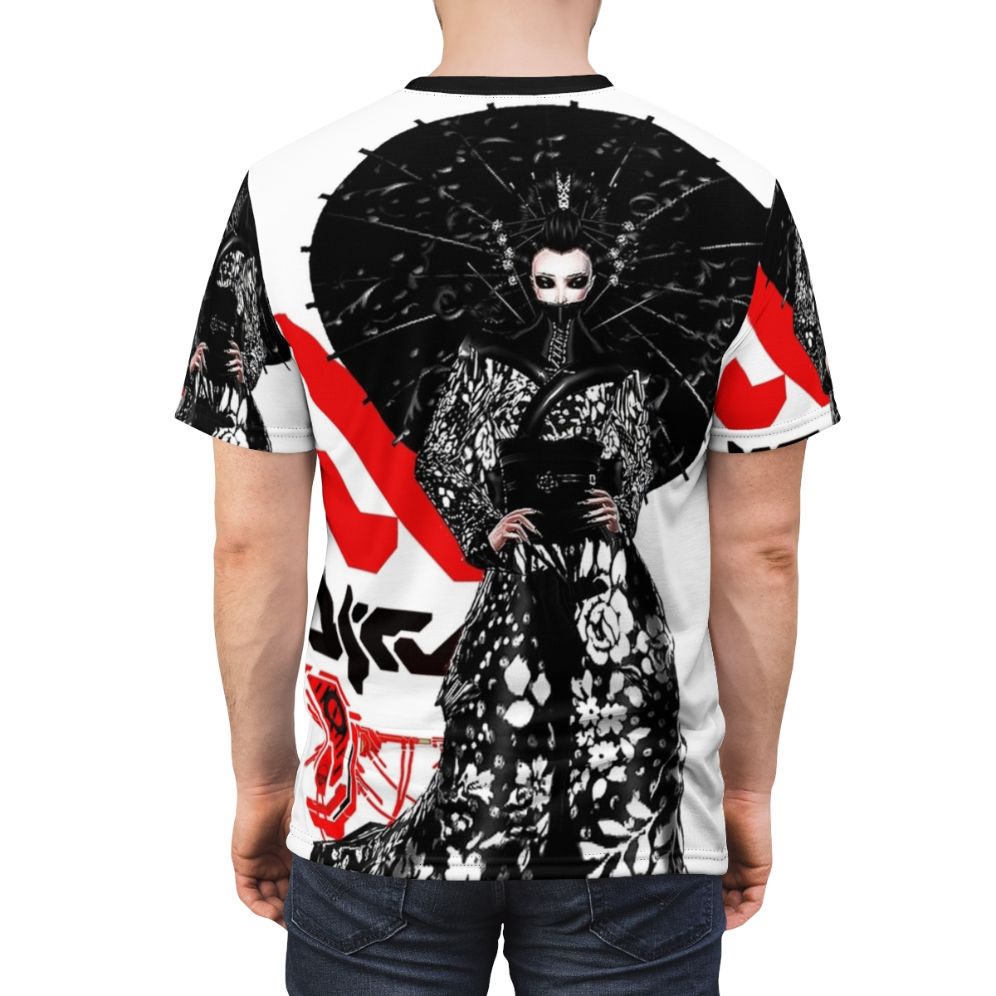 Cyberpunk inspired urban style t-shirt featuring a futuristic geisha design - men back