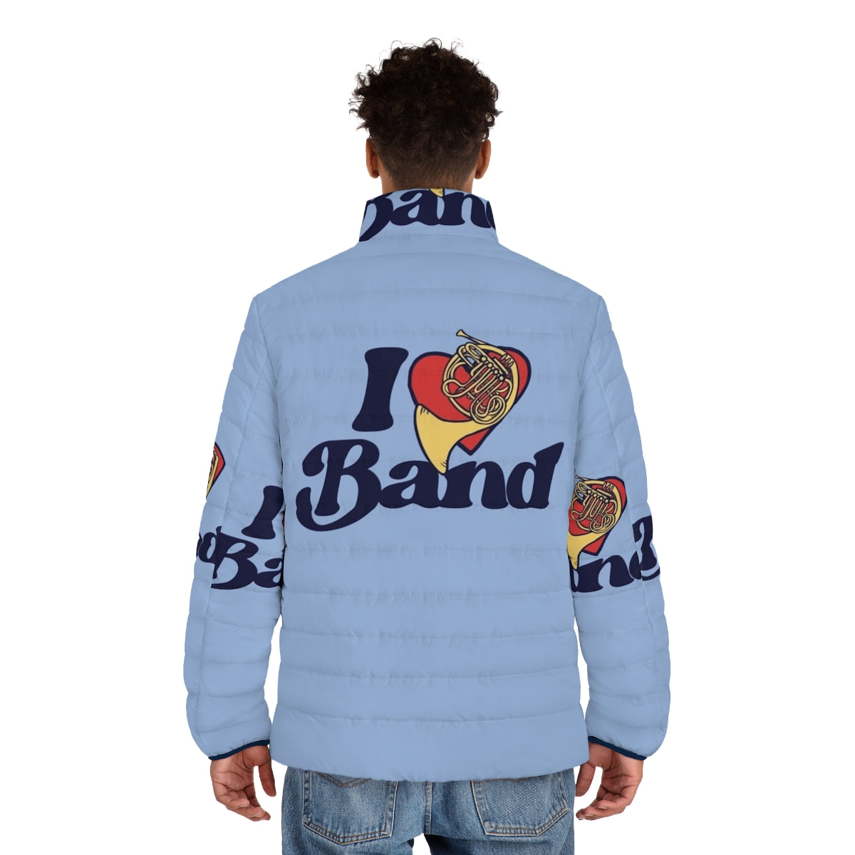 A cozy puffer jacket featuring the text "I Love Band" - men back