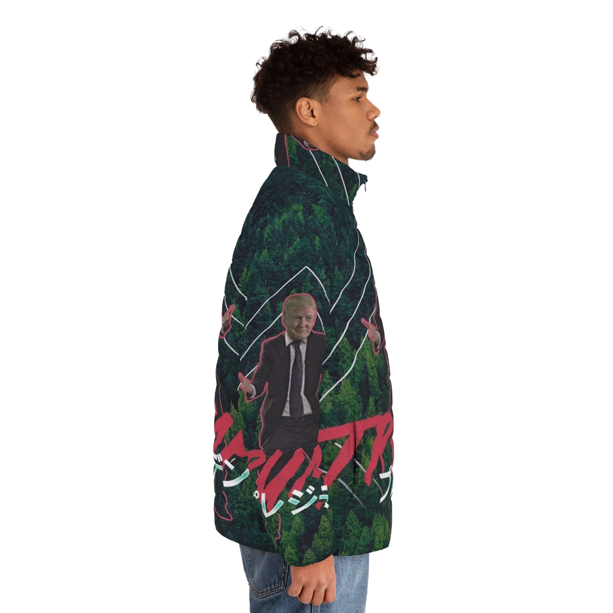 Vaporwave Trump Puffer Jacket with Retro 80s Aesthetic - men side right