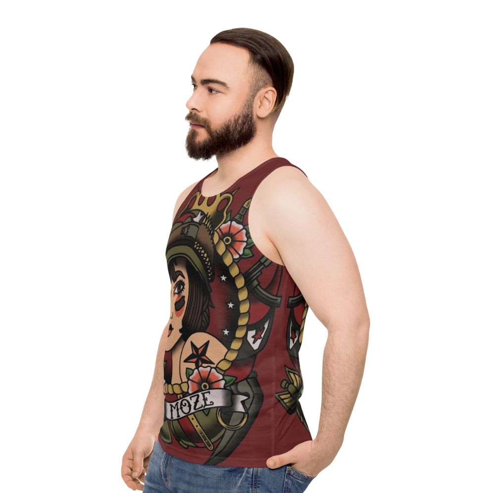 Vintage tattoo art Moze Borderlands unisex tank top - men side