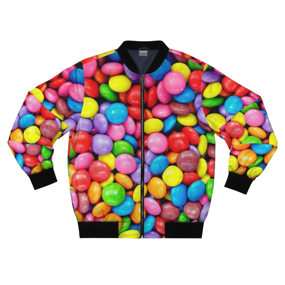 Colorful and vibrant bomber jacket with a rainbow and candy print design