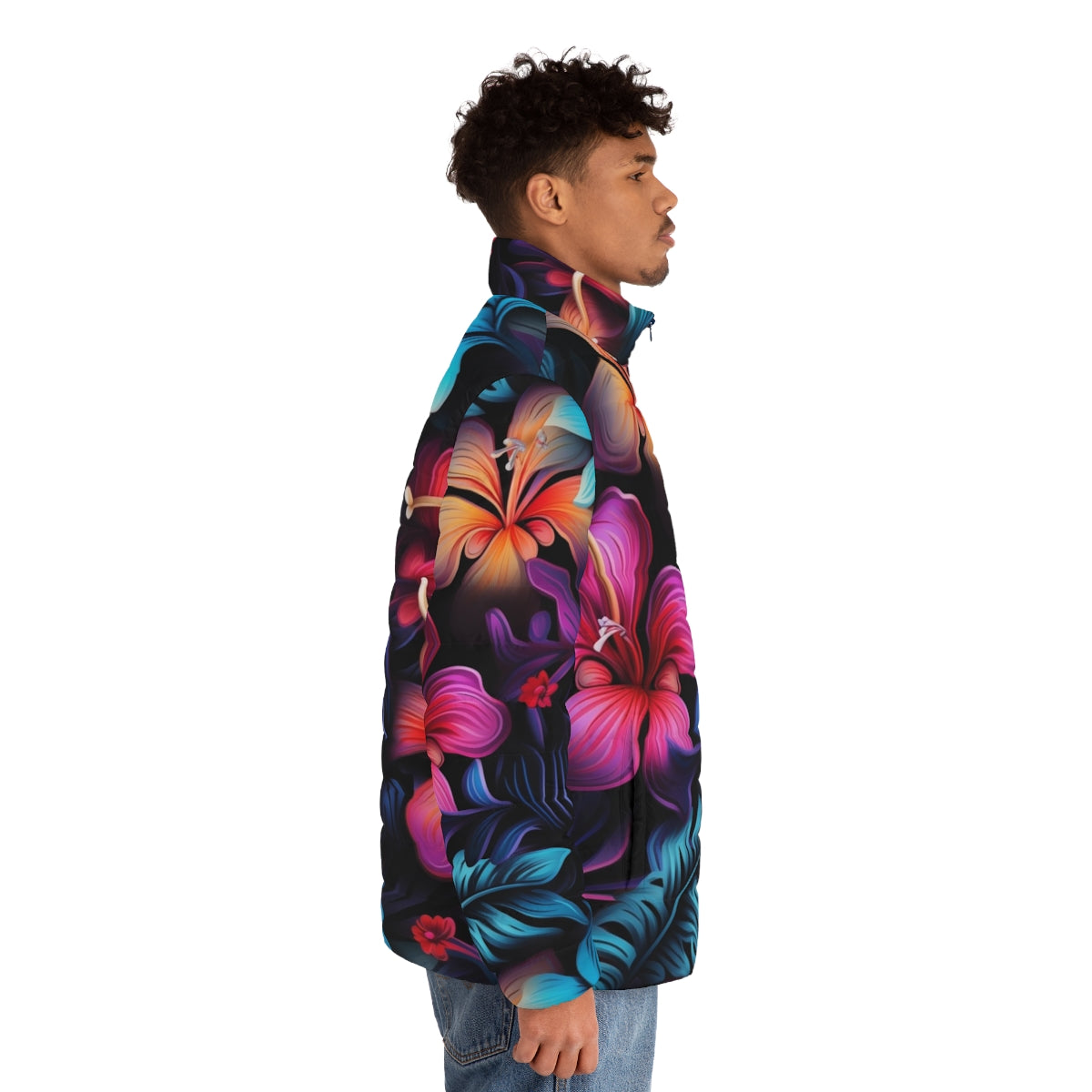 A dark puffer jacket with a vibrant Hawaiian pattern and bioluminescent-inspired floral design - men side right