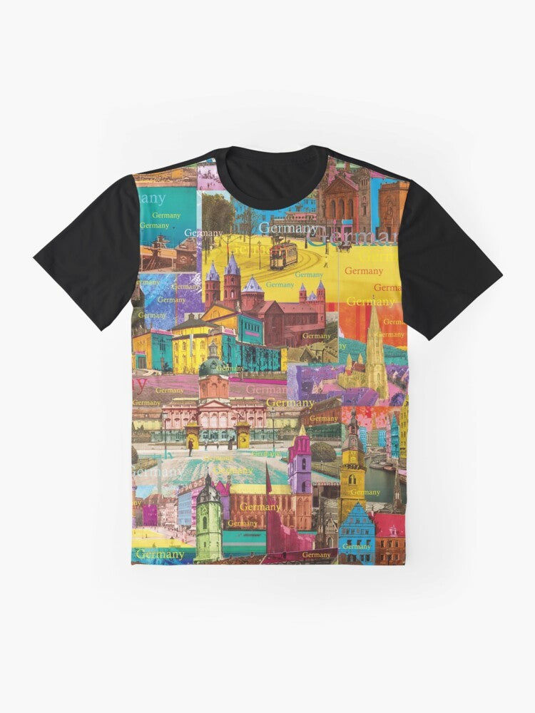 Graphic t-shirt with a collage of colorful German landmarks and architecture - Flat lay