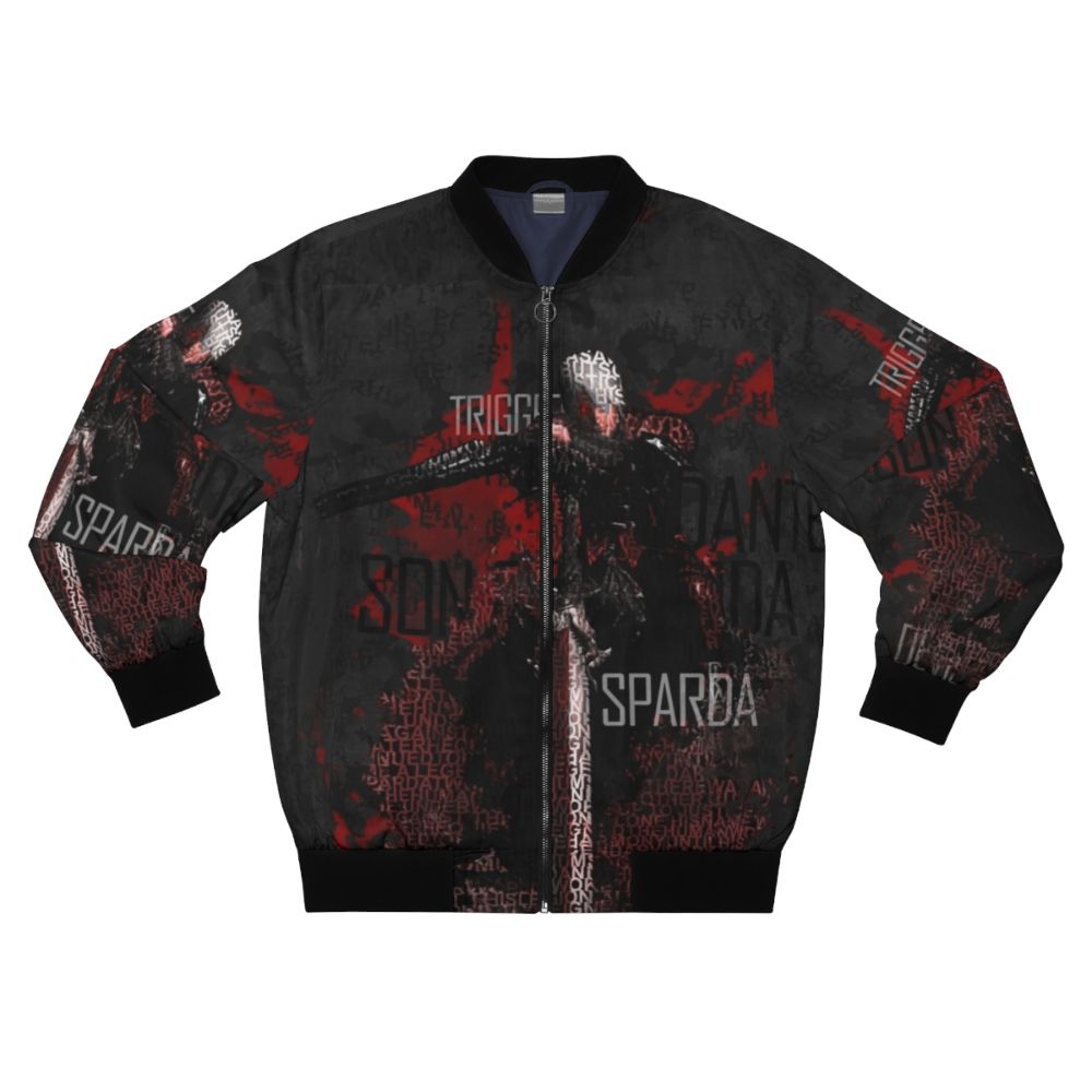 Devil May Cry Dante Demon Hunter Bomber Jacket featuring a modern art design with quotes and words