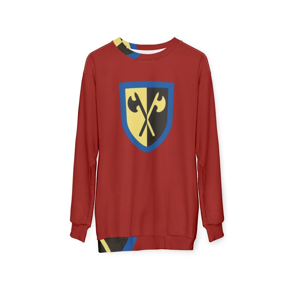 Retro Crusaders Lego Castle Sweatshirt with Crossed Axes Design - hanging