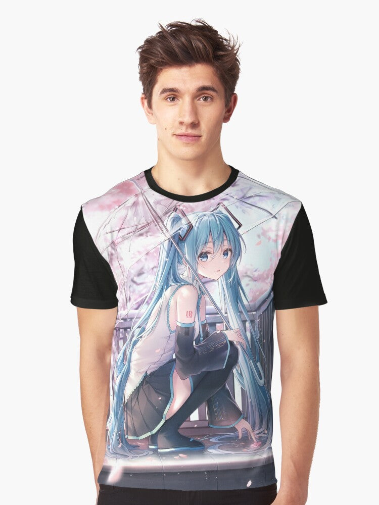 Hatsune Miku, a popular anime character, featured on a vibrant graphic t-shirt. - Men