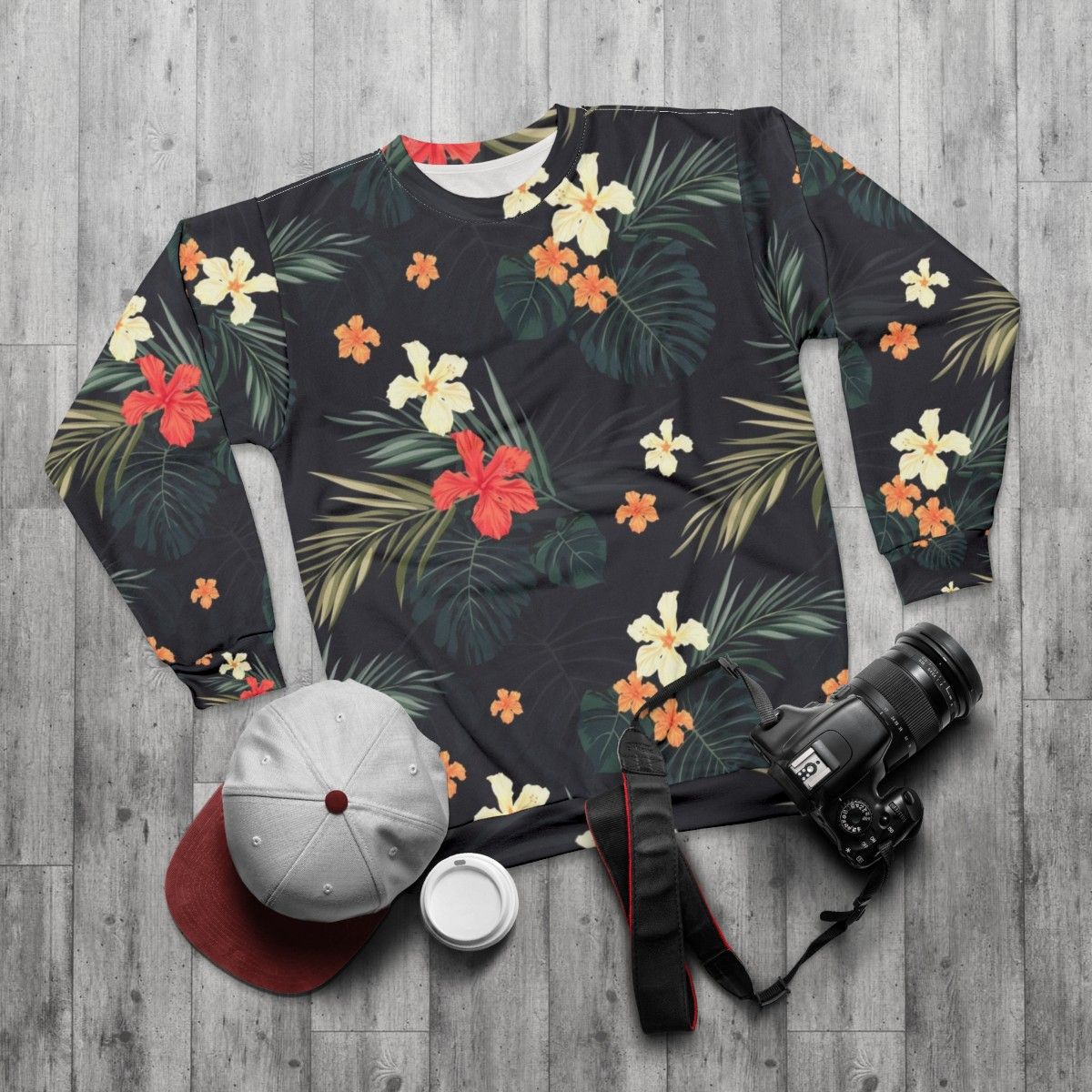 Dark tropical floral print sweatshirt - flat lay