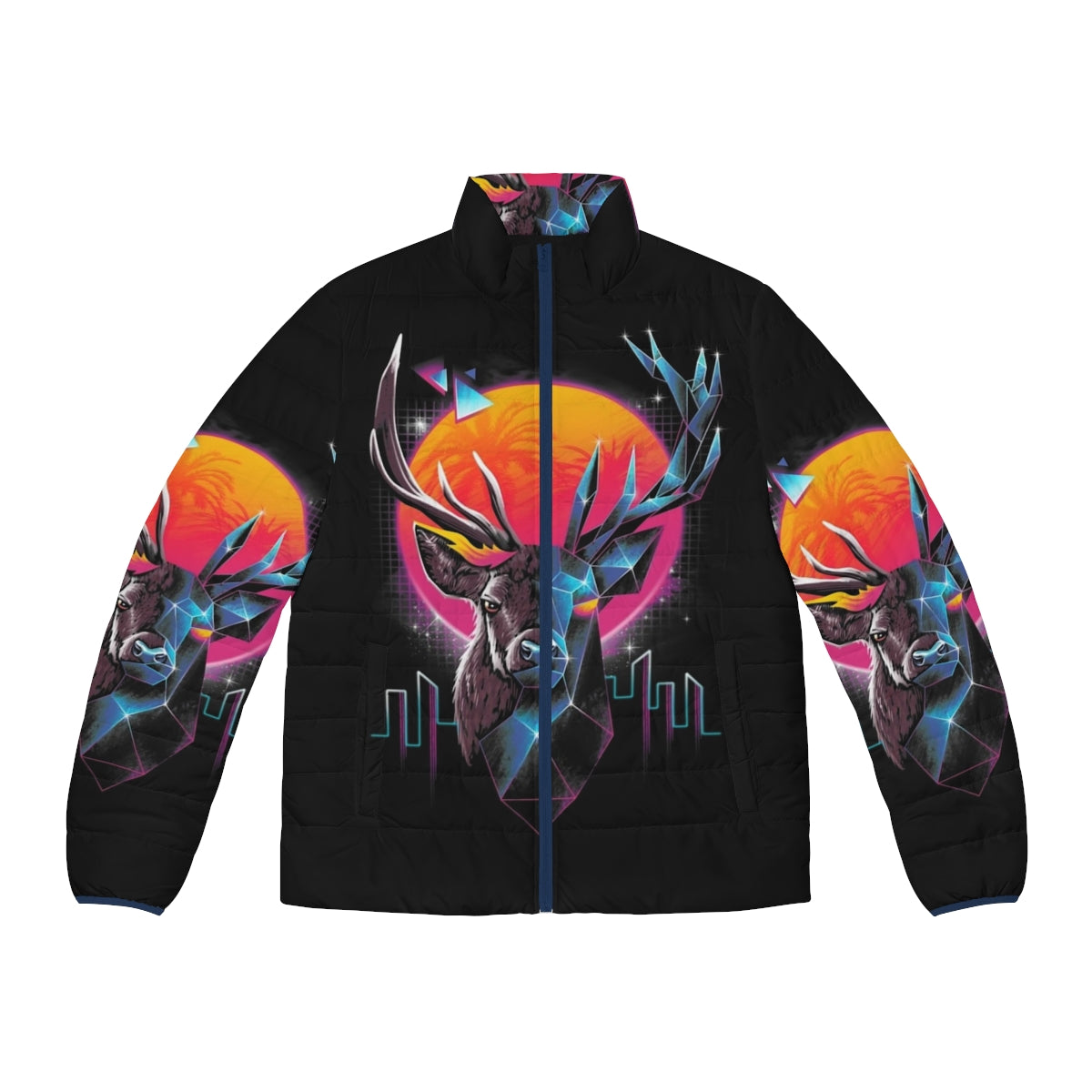 Rad Stag Puffer Jacket with cyberpunk animal print design