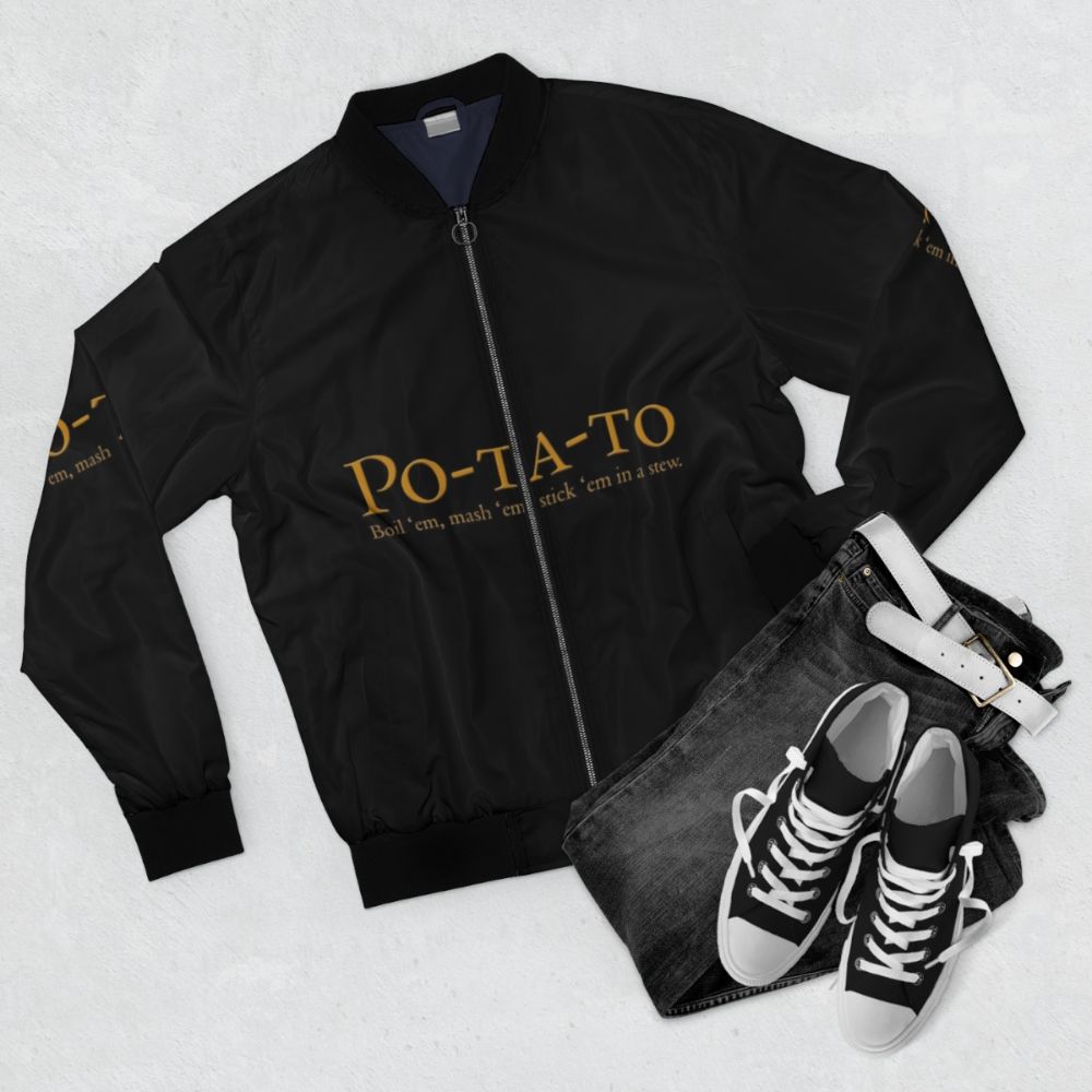 Lord of the Rings-inspired bomber jacket with potato and Samwise Gamgee quote - Flat lay