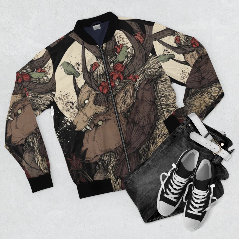 Elk King Bomber Jacket featuring embroidered elk design - Flat lay