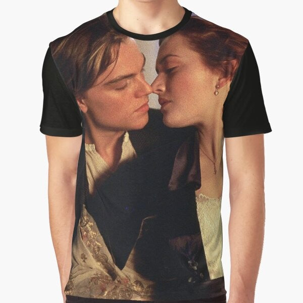 Graphic t-shirt featuring the iconic characters Jack and Rose from the classic film 'Titanic' starring Leonardo DiCaprio and Kate Winslet.