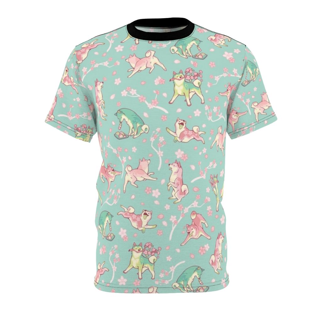 Shiba inu-inspired t-shirt with a sakura and matcha-themed floral pattern in mint green