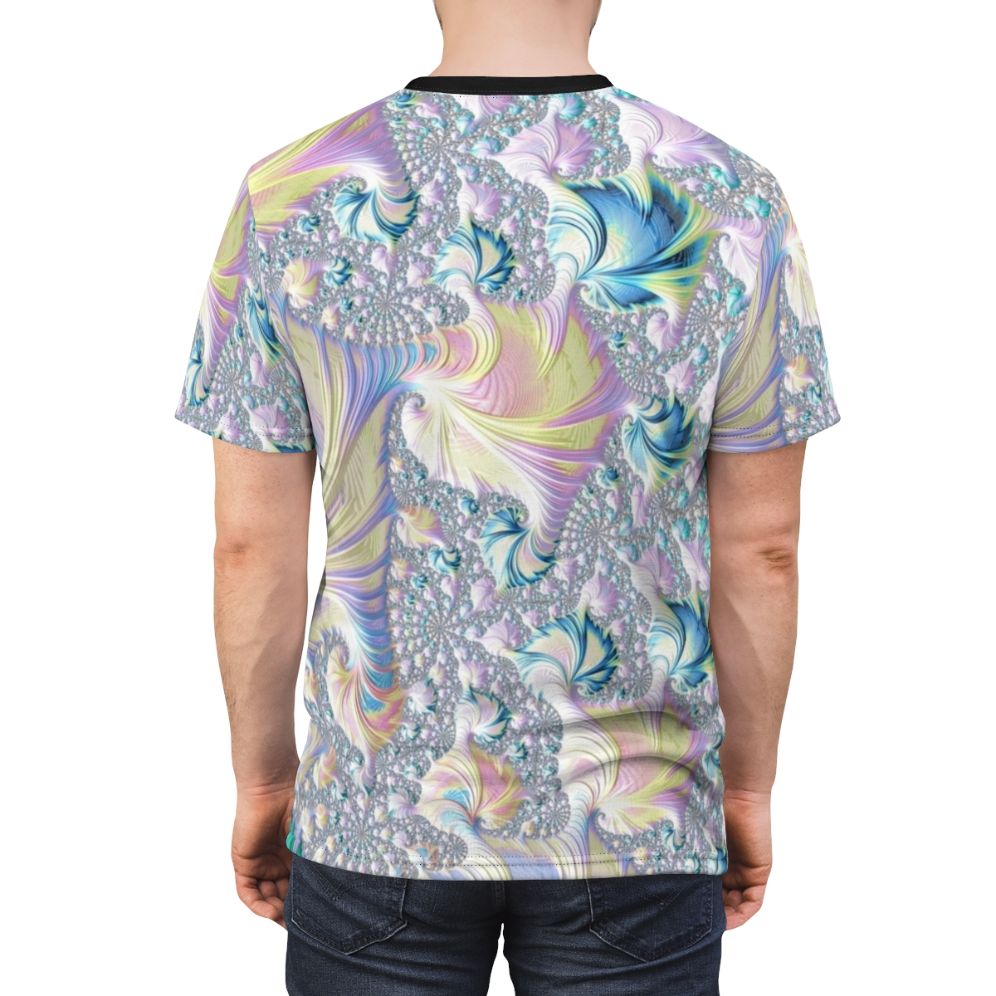 Pastel fractal t-shirt featuring a vibrant, abstract, psychedelic spiral pattern - men back