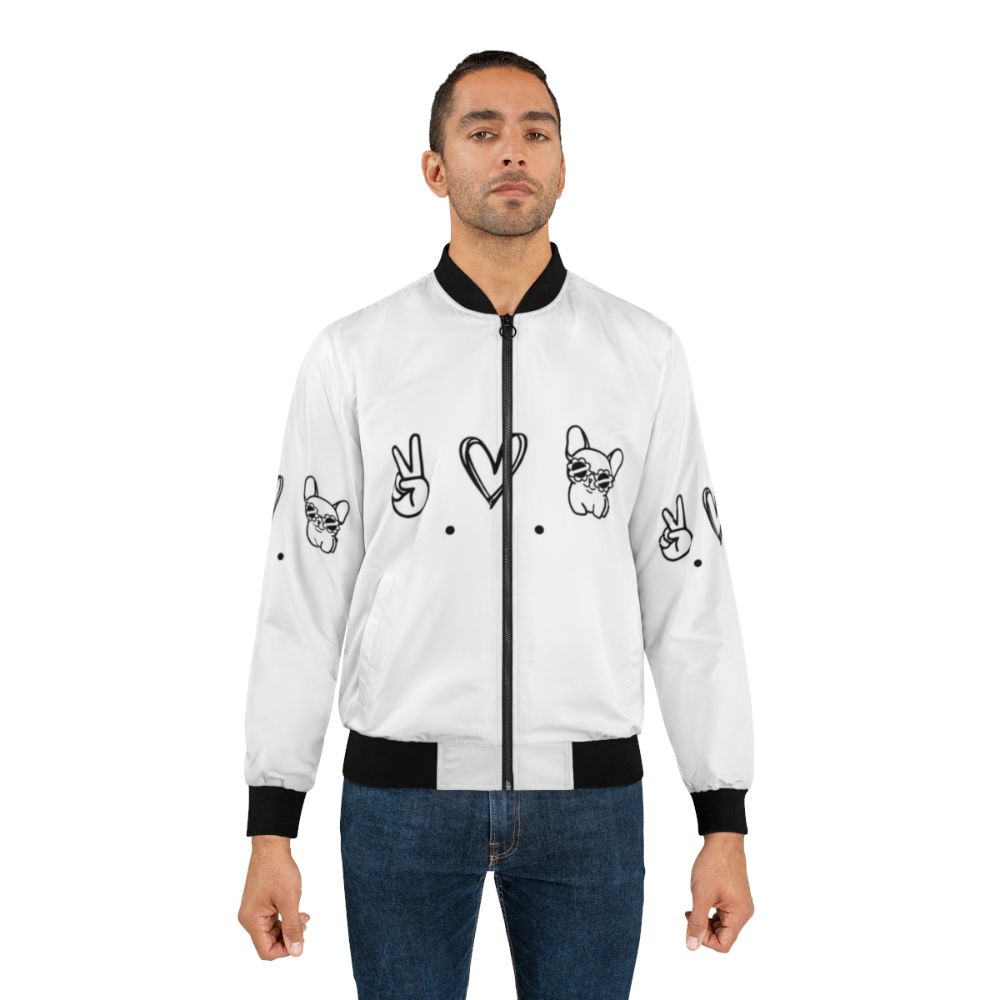 Minimalist bomber jacket with a French bulldog design, featuring the words "Peace, Love & Frenchies". - Lifestyle