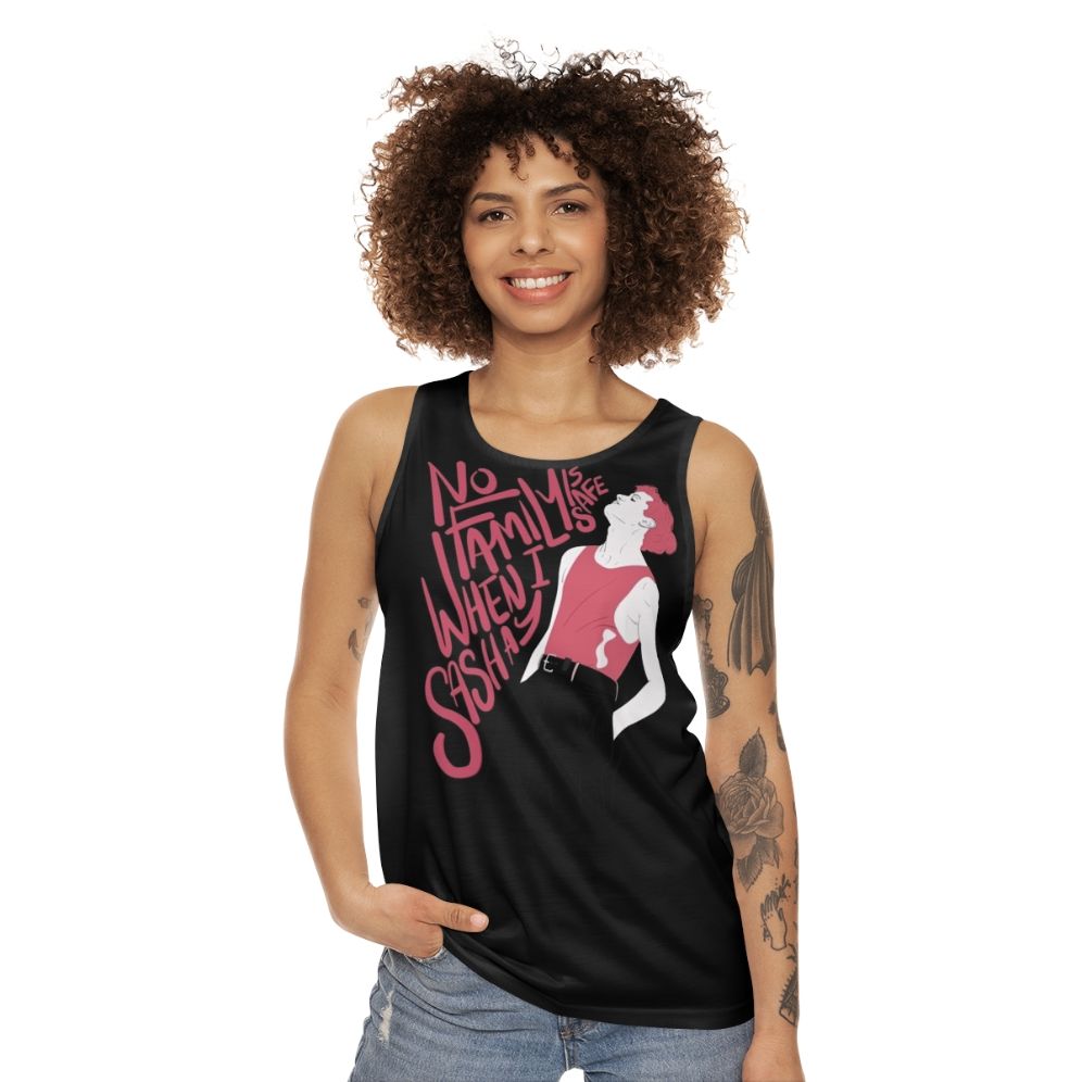 Unisex tank top with minimalist "No Family Is Safe When I Sashay" design - women