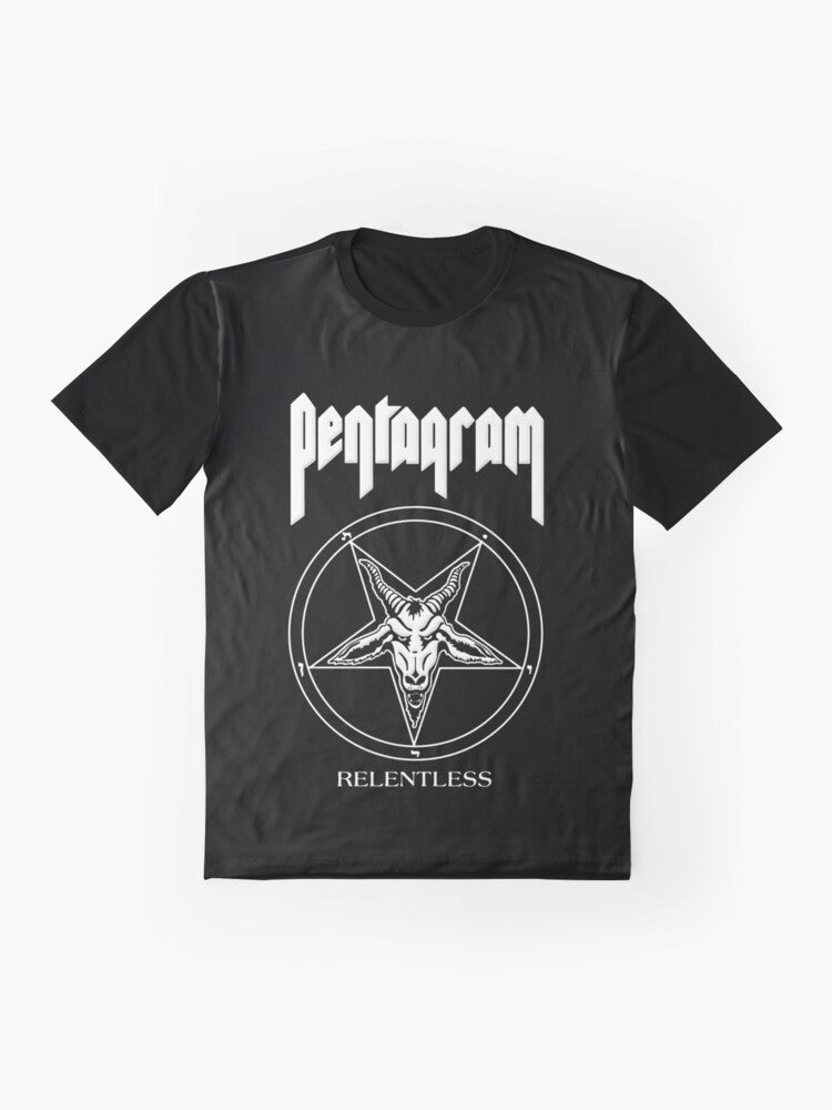 Pentagram "Relentless" graphic t-shirt featuring the iconic pentagram logo and band name, perfect for heavy metal and doom metal fans. - Flat lay