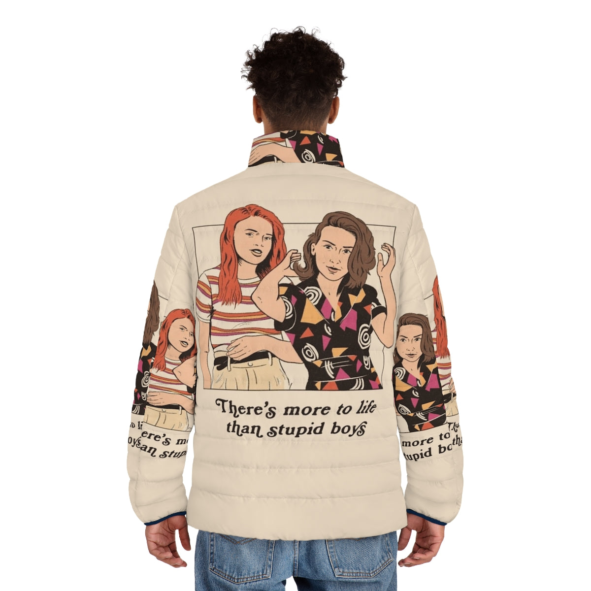 Retro feminist puffer jacket with Stranger Things-inspired design - men back