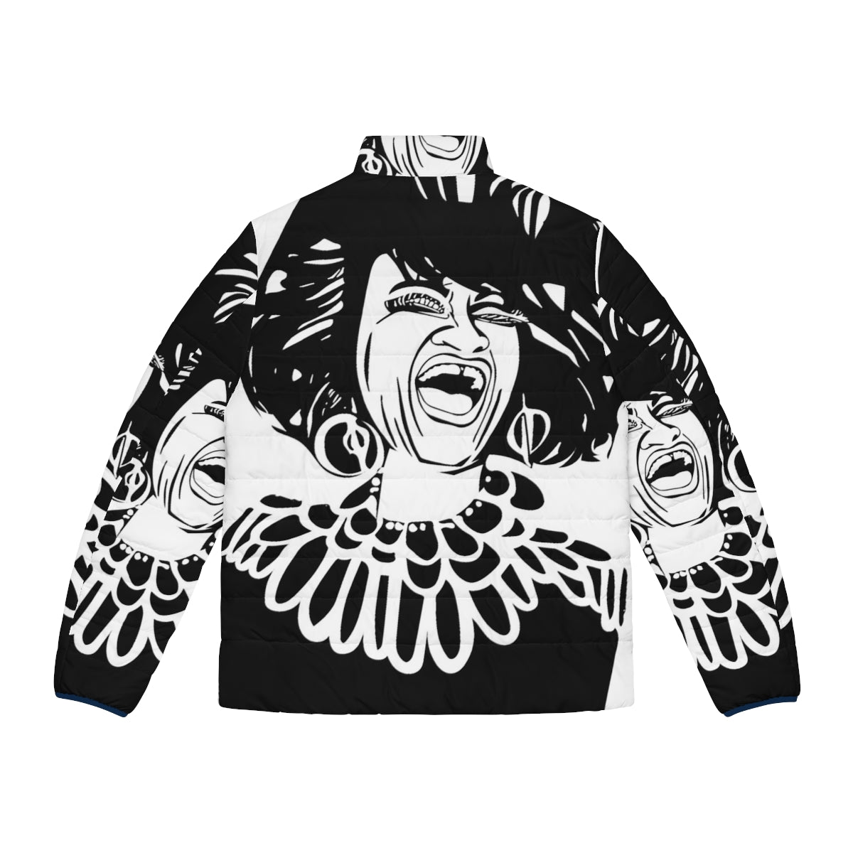 Celia Cruz Puffer Jacket featuring a black and white screenprint portrait of the iconic Cuban singer - Back