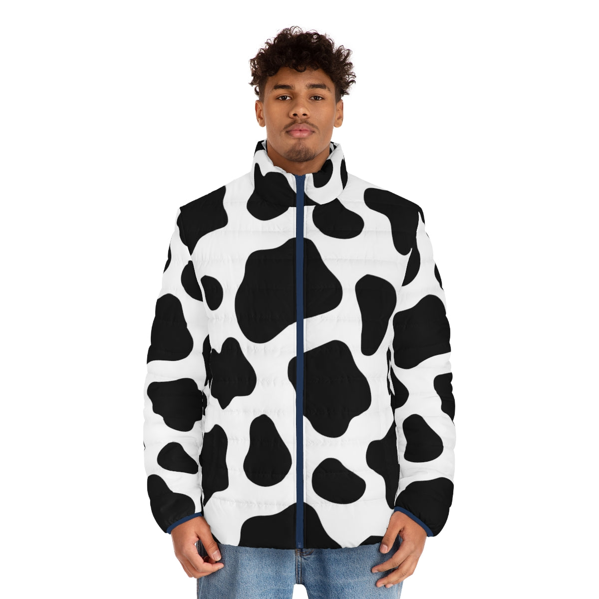 Cow spots pattern puffer jacket with black and white cow print design - men front