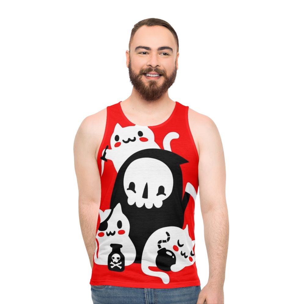 Unisex tank top with a graphic design featuring cats, skulls, and the Grim Reaper - men