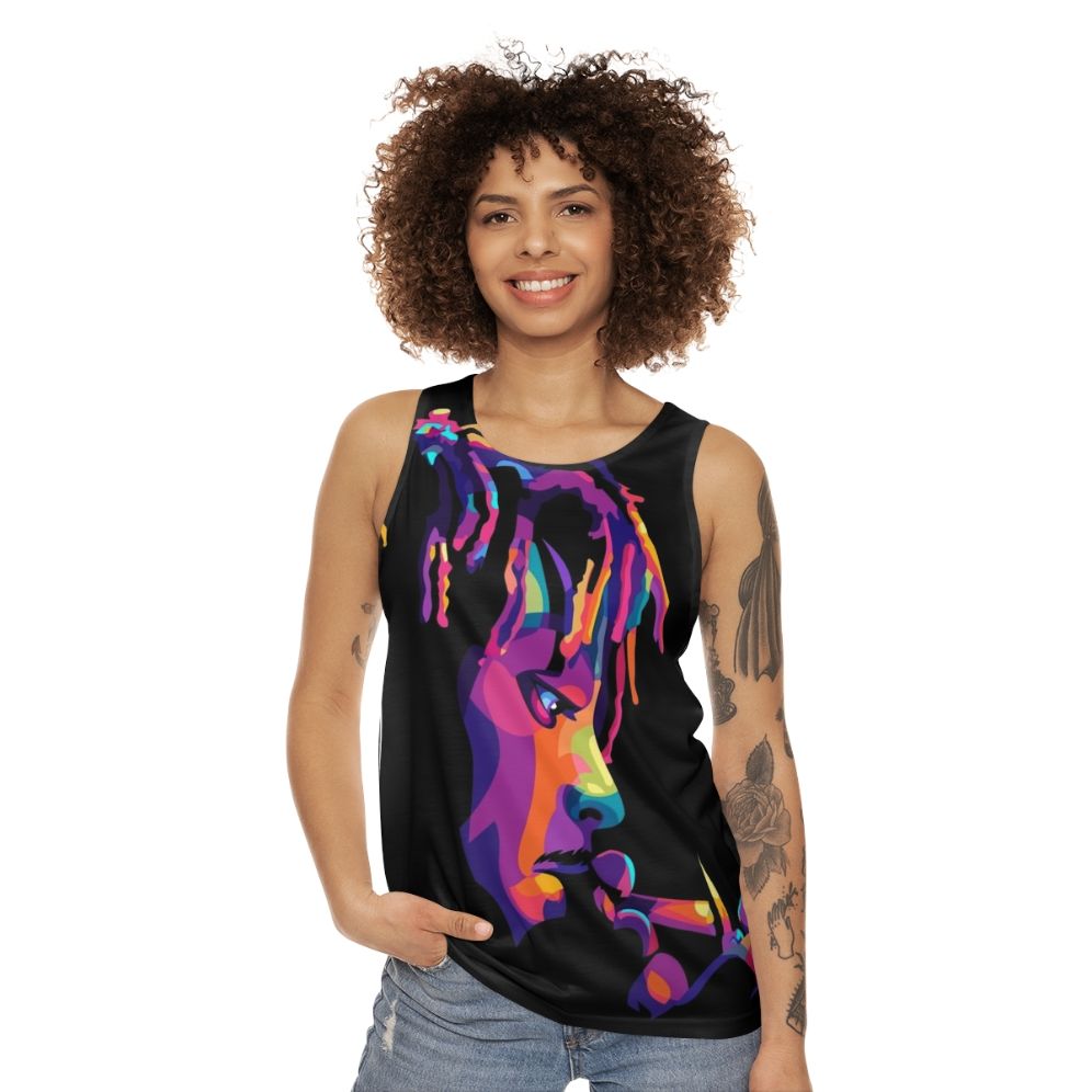 Vibrant pop art unisex tank top with "Legend Never Die 999" design - women