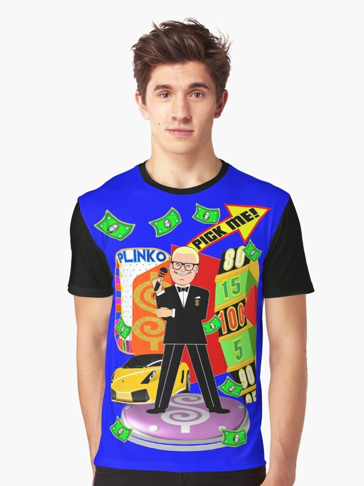 "The Price Is Right" game show graphic t-shirt featuring classic elements like the big wheel, showcases, and contestant row - Men