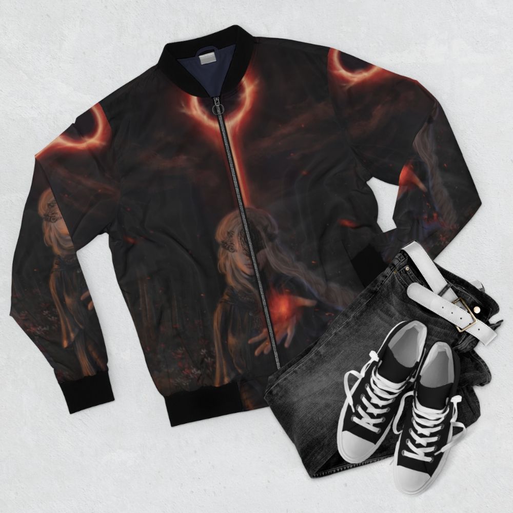 A bomber jacket inspired by the Fire Keeper character from the Dark Souls and Elden Ring video game franchises. - Flat lay